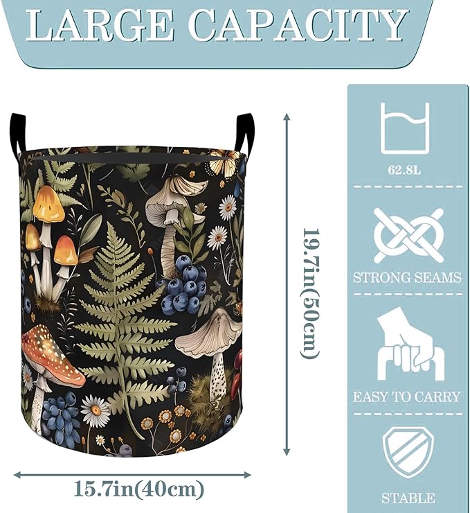 VODRM Mushroom Fern Daisy Butterfly Laundry Basket, Dirty Collapsible Clothes Toy Organizer Hamper for Kids Adults, Oxford Cloth Waterproof Storage Bin for Bathroom Forest Decor Gifts, 19.7"X15.7"