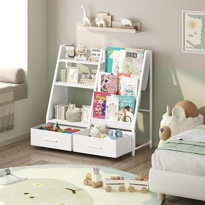MAHANCRIS Kids Bookshelf and Toy Storage,3-Tier Sling Bookcase for Kids,Sturdy Toddler Bookshelf for Nursery,Playroom, Bedroom,White KBWT8401