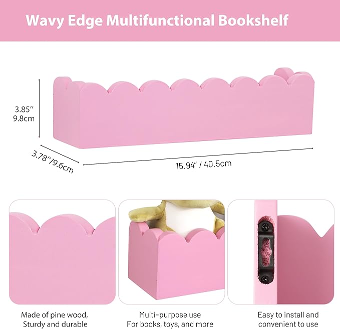 Wood Floating Shelves for Wall,Nursery Bookshelf,Kids Book Shelf,Baby Toys Storage Decor Organizer Wall Mounted for Living Room Bedroom,Wavy Edge,Preassembled,2 Pack,Scalloped Pine(Pink)
