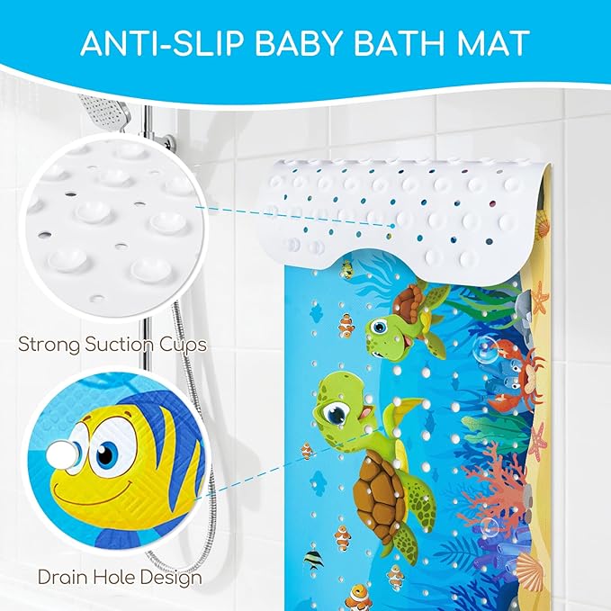 Omedecal Baby Bath Mat for Tub, Non Slip Kids Bath Shower Mat, 40 X 16 Inch Large Bathtub Mat with Drain Holes and Suction Cups for Toddlers, Machine Washable and Waterproof (Turtle)