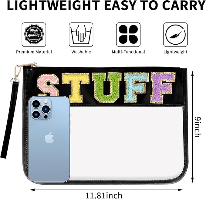 Iqimott Chenille Letter Clear Bag Stuff Pouch, Monogram PVC & PU Makeup Cosmetic Bag Zipper Toiletry Pouch, Waterproof Portable Purse Travel Beach Snack Wristlet Bags for Women Girls(Stuff, Black)