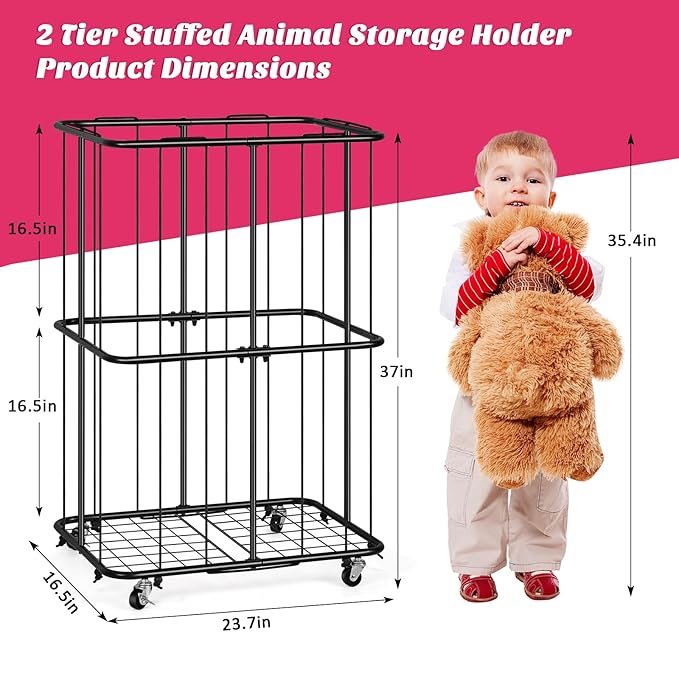 OYEAL Stuffed Animal Zoo Storage Metal Stuffed Animal Organizer With Wheels Ball Storage Rack Stand Plush Storage Holder With Elastic Band for Nursery Play Room Bedroom, Easy To Assemble, Black