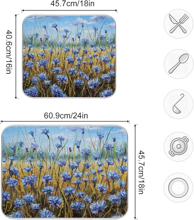 Absorbent Dish Drying Mat for Kitchen Counter - Oil Painting Flowers Microfiber Drying Pad, Reversible Drainer Mats for Countertop, Large 18" x 24"