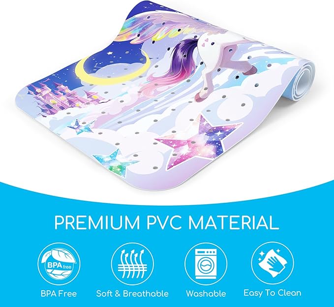 Omedecal Baby Bath Mat for Tub, Non Slip Kids Bath Shower Mat, 40 X 16 Inch Large Bathtub Mat with Drain Holes and Suction Cups for Toddlers, Machine Washable and Waterproof (Unicorn)