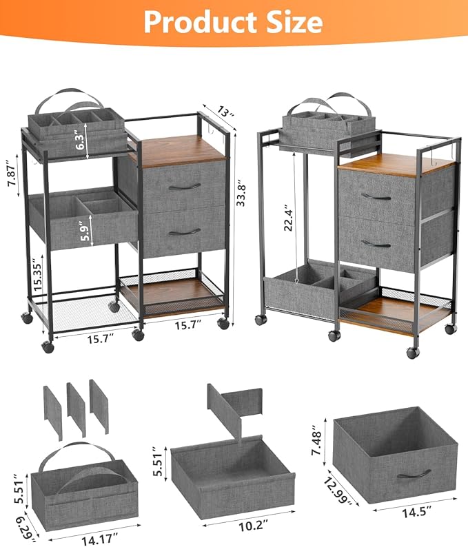 Baby Storage Cart with Drawers, Baby Diaper Caddy Organizer with Removable Dividers, Baby Closet Organizer, 2In1 Rolling Cart for Nursery Essentials & Baby stuff
