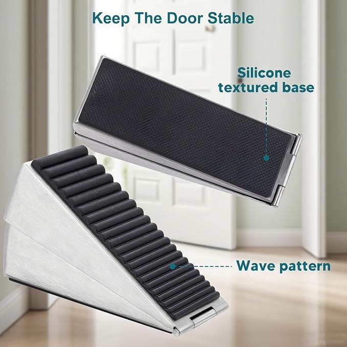 Silver Heavy Duty Door Stopper, Metal Rubber Door Wedge, Large Door Stop for Bottom of Door, Suits Any Heavy Door Gap