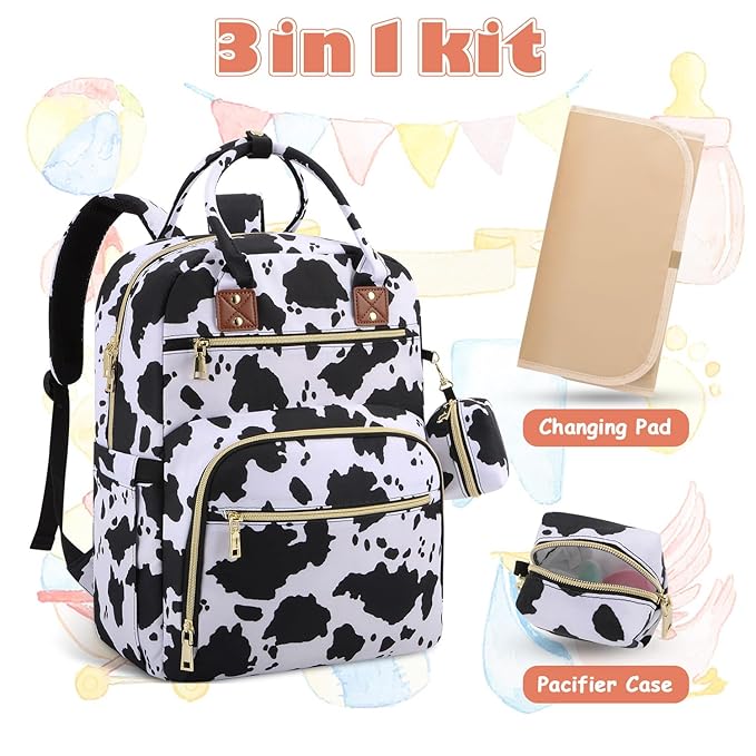 Tenot Baby Diaper Bag Backpack, Travel Diaper Bags for Baby Girl Boy Large Capacity Baby Bag Backpack for Women Cow Print