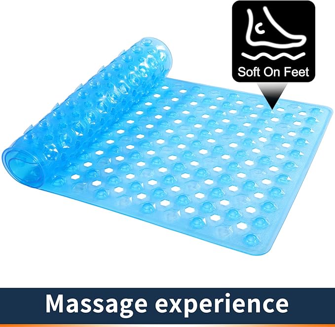 Yimobra Bathtub Mat Non Slip, 27.5"x15.5" Machine Washable Shower Floor Mat, Soft on Feet, Bathmat with Drain Holes and Suction Cups, Bathroom Essentials, Clear Blue