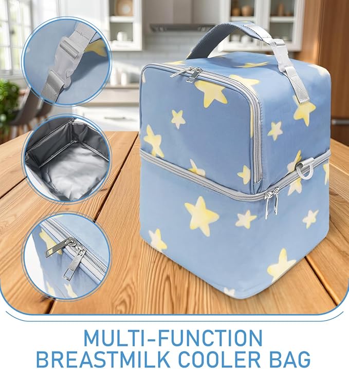 Breastmilk Cooler Bag with Ice Pack, Large Insulated Breast Pump Bottle Storage, Portable Baby Bottle Cooler for Travel, Beautiful Star Design