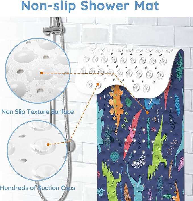 KINUUIS Bathtub Mats for Kids, Cartoon Blue Dinosaur Bath Mat for Tub Non Slip, 40 X 16 Inch Large Washable Bathtub Mat Non Slip for Showers with Drain Holes and Suction Cups