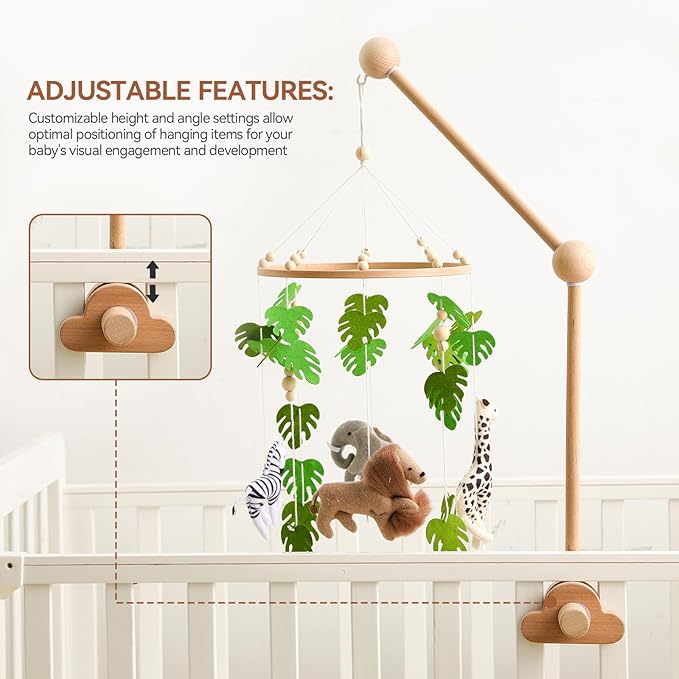 OESSUF Baby Crib Mobile Arm, 24 Inch Adjustable Wood Hanger, White Cloud Design, Nursery Mobile Holder for Cot Bed (Wooden)