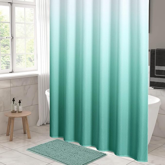 MitoVilla Extra Long Shower Curtain 72 x 84, Teal Blue Ombre 84 inch XL Waffle Fabric Shower Curtains for Modern Luxury Bathroom Decor, Waffle Weave Textured 180GSM Weighted Shower Curtain 84 inch