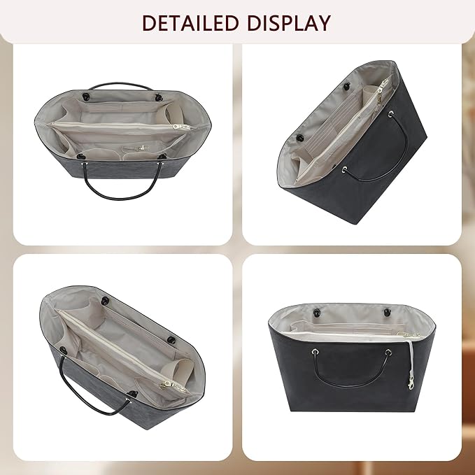 Doxo NEW Purse Organizer Insert for Longchamp LePliage Large,Fixed Handle, Bag Shaper with Key Leash& 16 Compartments, Upgraded Elastic Cup Holder(Black&White,L)