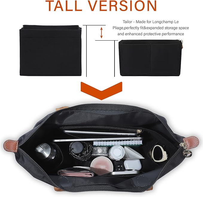 Premium Felt Purse Organizer Insert for Longchamp Le Pliage S, Zipper Long Champ Bag Organizer Insert with Cup Holder, 9 Compartments(Beige, Small)