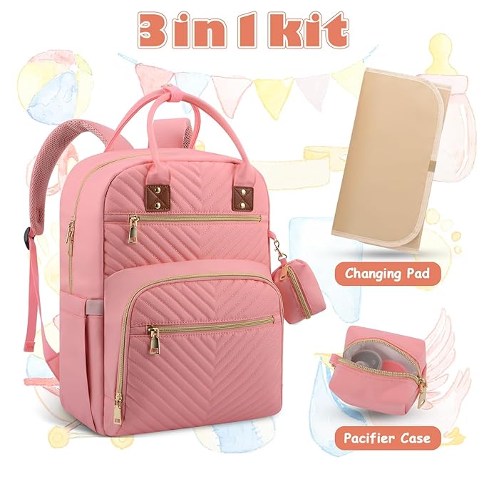 Tenot Baby Diaper Bag Backpack, Travel Diaper Bags for Baby Girl Boy Large Capacity Baby Bag Backpack for Women Light Pink