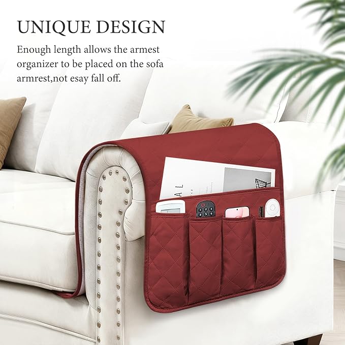 Armchair Caddy Couch Caddy, Remote Control Holder, Non-Slip Sofa Armrest Organizer, Couch Organizer with 5 Pockets, for Cell Phone TV Remote Holder Magazines (RED)