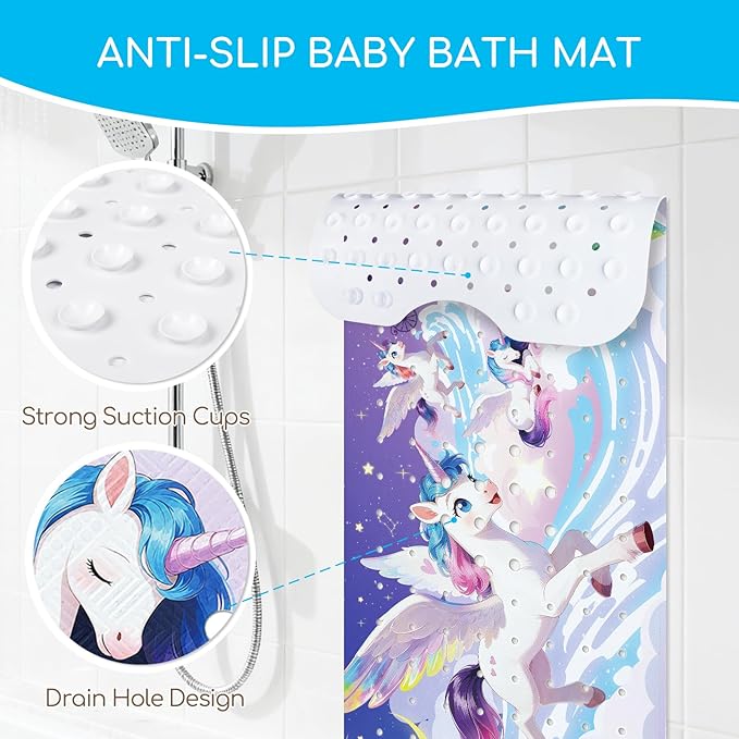 Omedecal Baby Bath Mat for Tub, Non Slip Kids Bath Shower Mat, 40 X 16 Inch Large Bathtub Mat with Drain Holes and Suction Cups for Toddlers, Machine Washable and Waterproof (Unicorn)