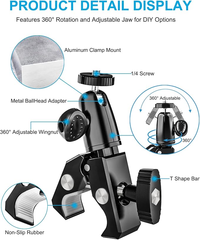 woleyi Aluminum Bike Tablet Mount Camera Clamp, Handlebar Tablet Holder for Motorcycle, Bicycle, Scooter, Stroller, Wheelchair for iPad Pro Air Mini, Galaxy TabS, Z Fold, Fire, iPhone, 4.7-13" Devices