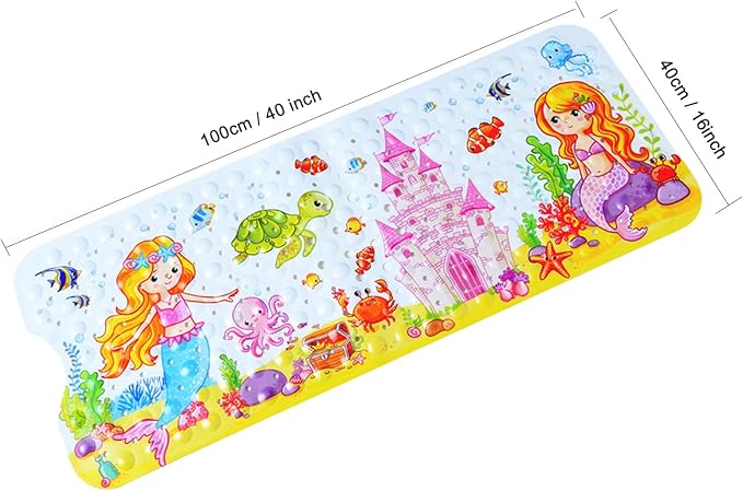 Non Slip Bath Mat for Inside Bath for Kids Girls and Boys, Cartoon Sea Animal Bathtub Mat Shower Mat, Bathroom Mat Anti Slip with Suction Cup Machine Washable Long 40 X 16 Inch, 100 x 40cm - Mermaid
