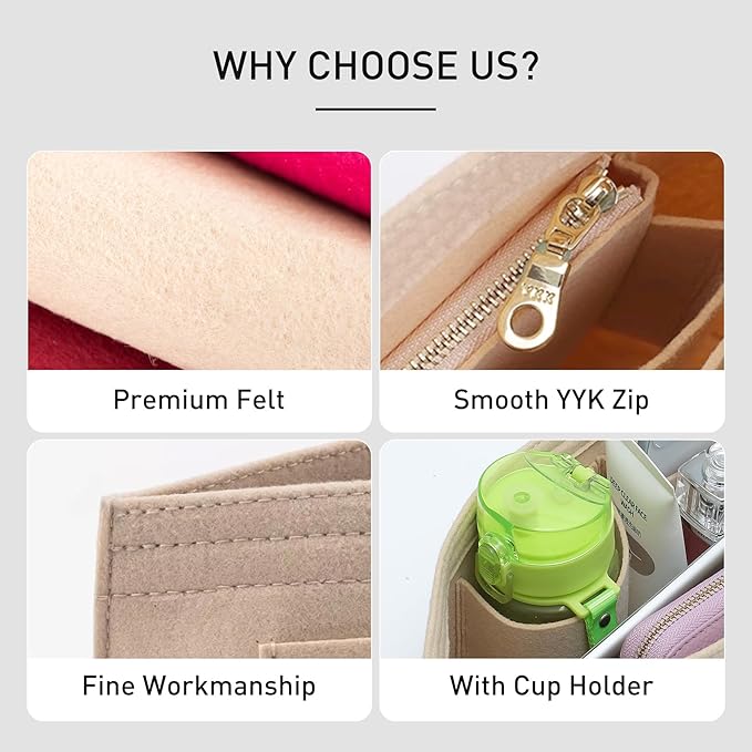 Felt Purse Organizer Insert Compatible with Longchamp Le Plaige M Tote Bag(Longg Handle), Zipper Long Champ Medium Organizer with Cup Holder, 8 Compartments Bag Insert(Beige,M)