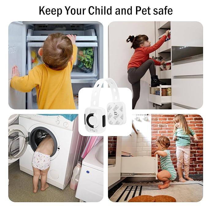 FYY Child Safety Cabinet Locks - Baby Proofing Child Safety Locks Strap, (6-Pack) 3M Adhesive Adjustable Door Latches for Cabinets and Drawers, Multi-Purpose for Furniture Toilet Seats Ovens, Black