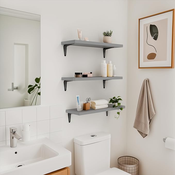 SKYSEN Floating Shelves for Wall Set of 6, 15.7in Wood Wall Shelf for Decor, Bathroom, Bedroom, Storage, Book,Kitchen, Living Room - Grey(fs-40-g)