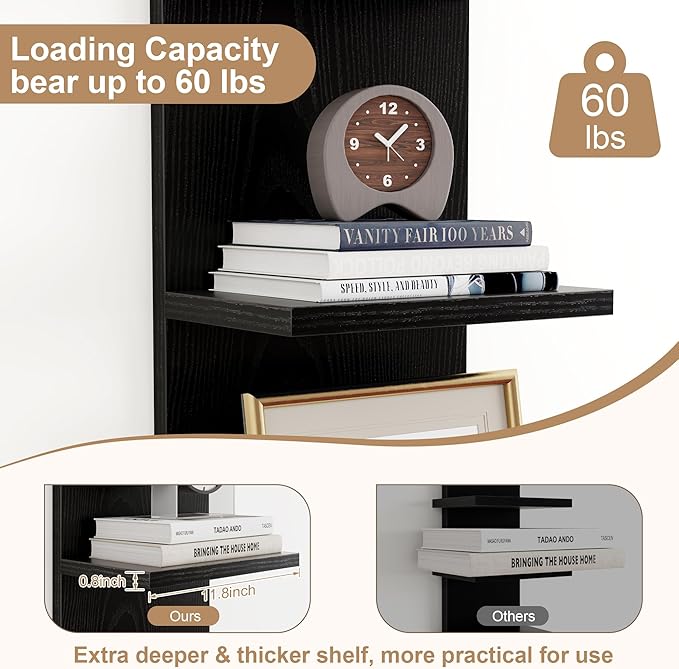 Fun Memories 4 Tier Wall Shelf Unit, Vertical Floating Shelf, Wall Mount Lack Shelving Home Decor Organizer Tall Tower Design Utility Shelving for Bedroom Living Room, Black