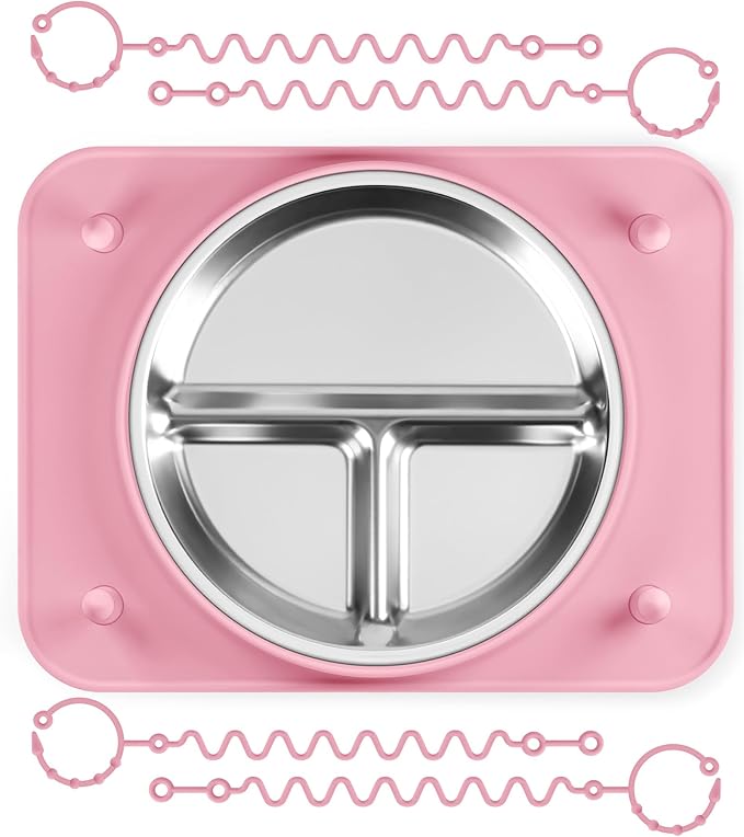 Baby Silicone Mat with Stainless Steel Divided Plate – Non-Slip Suction Base & 4 Straps to Secure Baby Essentials, BPA-Free Self Feeding Placemat for Infants Toddlers High Chair & Dining Table