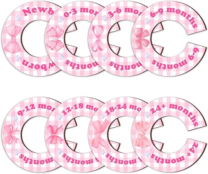 8Pcs Baby Closet Dividers, Pink bow Baby Clothes Dividers for Closet, Newborn Baby Stuff for Baby Girls, Wooden Double-Sided Baby Hanger Organizer from Newborn to Toddler