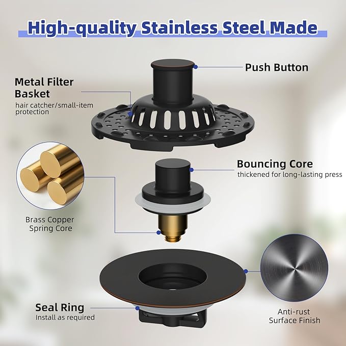 Universal Bathtub Drain Stopper Shower Drain Hair Catcher, Tub Stopper with Visible Top Strainer, Upgraded 3 in 1 Pop-up Drain Plug Fit for 1.5 to 2.4" Hole, Stainless Filter Basket, Oil-Rubbed Bronze