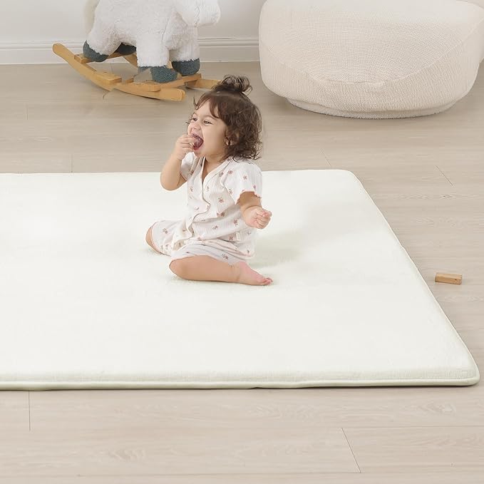 1.3" Thick Baby Play Mat for Floor, 79x79 Playpen Mat, Pro Soft Flannel Foam Mats Toddler Infant Kids Crawling for Nursery Rug Playroom Living Room Waterproof Easy Care Non-Slip (Ivory)