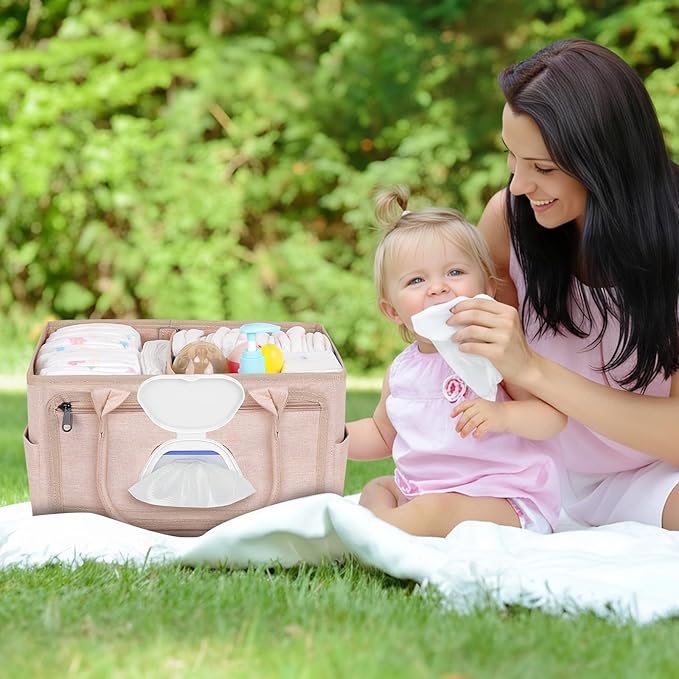 Volnamal Premium Diaper Caddy with Smart Side Wipes Pocket, Diaper Organizer, Portable Car Organizer & Nursery Basket for Newborn Essentials, Perfect Registry Must Haves for Boys & Girls, Beige