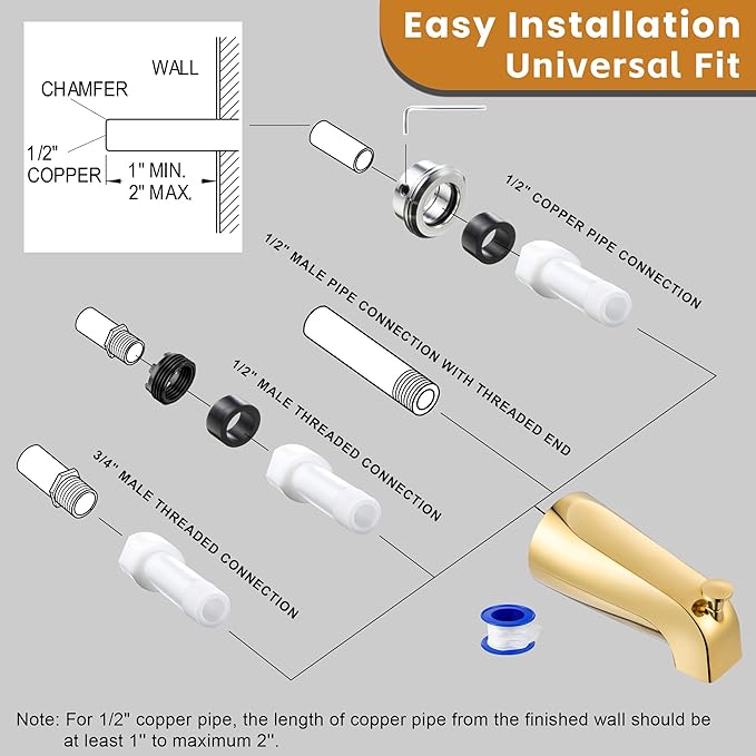 Dreyoo Tub Spout (Universal Fits 1/2" Copper Pipe, 1/2" IPS and 3/4" IPS), Bathroom Bathtub Faucet with Adapters and Hex Wrench(Polished Brass,Simple)