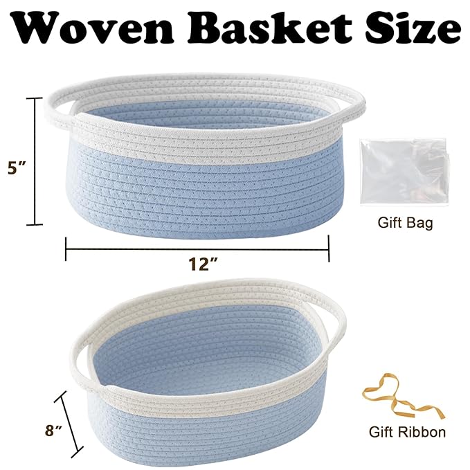 Small Woven Rope Basket-Empty Gifts Basket with Bag and Ribbons,Cute Handle Organizer Box for Birthday/Baby Shower, Toy Storage, Nursery Organizing & Shelf Decor(White&Blue)