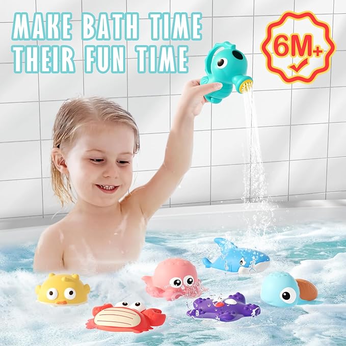 Mold Free Bath Toys for Toddlers, No Hole Baby Bath Toy Set with Storage Bag, Ocean-Themed Bathtub & Pool Toys for Infants 6-12 Months and Kids Ages 1-3, 2-4 & 3-5