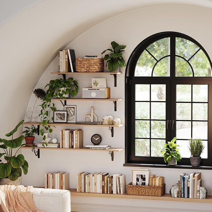 DINZI LVJ Long Wall Shelves, 31.5 Inch Wall Mounted Shelves Set of 2, Easy-to-Install, Floating Storage Ledges with Sturdy Metal Brackets for Living Room, Bathroom, Bedroom, Kitchen, Natural