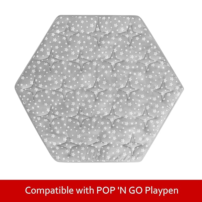 Hexagon Playpen Mat Compatible with POP 'N GO Baby Playpen, 59 Inch Hexagon Playpen Mattress Pad, Non Slip and Padded Play Mat Grey with Star Print