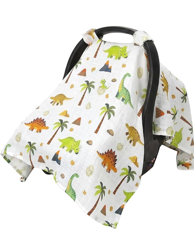 Rquite Baby Boy Car Seat Cover, 100% Muslin Cotton Infant Carseat Canopy, Soft Breathable Stroller Sun Shade & Newborn Shower Gift, Large Size Universal Fit Summer, Hot & Warm Weather (Forest Animals)