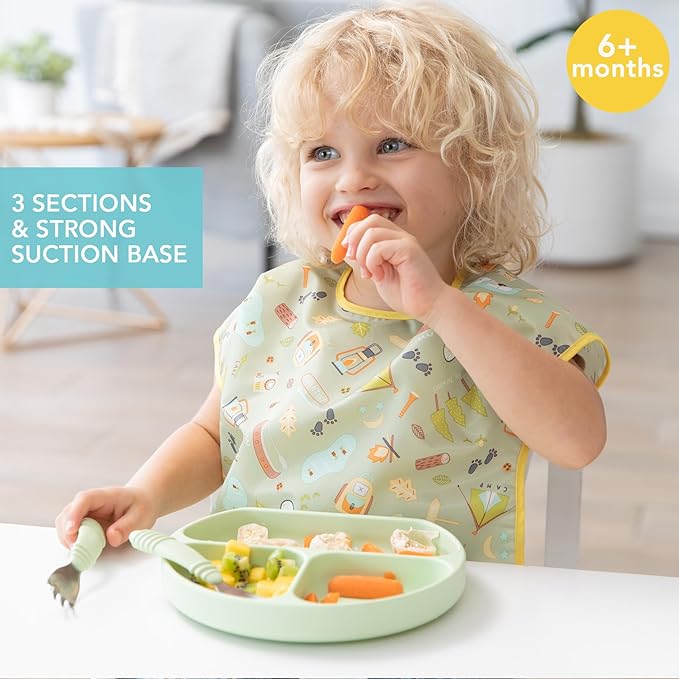 Bumkins Toddler and Baby Suction Plate, Silicone Divided Grip Dish for Babies and Kids, Baby Led Weaning, Children Feeding Supplies, Non Skid Bottom, Platinum Silicone, 6 Months Up, Gray and Sage