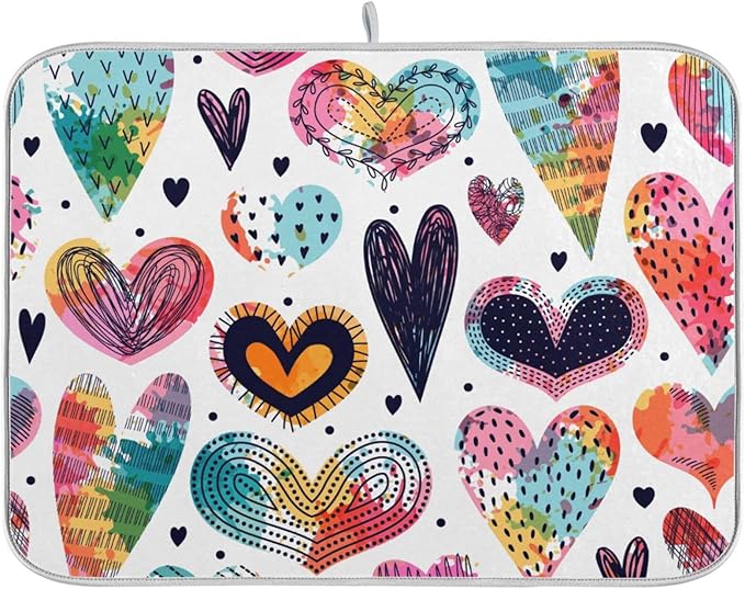 Absorbent Dish Drying Mat for Kitchen Counter - Cute Hearts Colorful Microfiber Drying Pad, Reversible Drainer Mats for Countertop, Large 18" x 24"