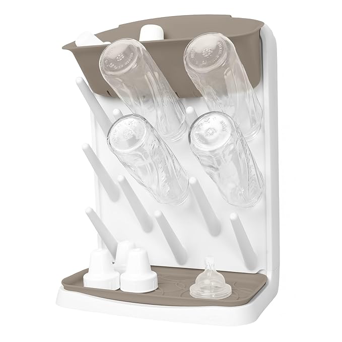 Ubbi Vertical Baby Bottle Drying Rack, Space Saving Countertop Drying Rack Baby Accessory, Taupe