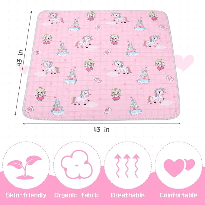 Funtery 43 x 43 Inch Boho Baby Play Mat Portable Crawling Washable Foldable Tummy Time Non Slip Baby Floor Large Playpen Mat for Infants Toddlers Floor Playpen Activity(Pink Unicorn)