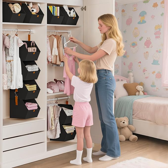 Homsorout Hanging Closet Organizer 4 Tier - Clothes Hanging Shelves, Space-Saving Closet System, Fabric Storage Bins Bedroom Organization, Collapsible Baskets for Home, Dorm, Rv, Black, 2 Pack