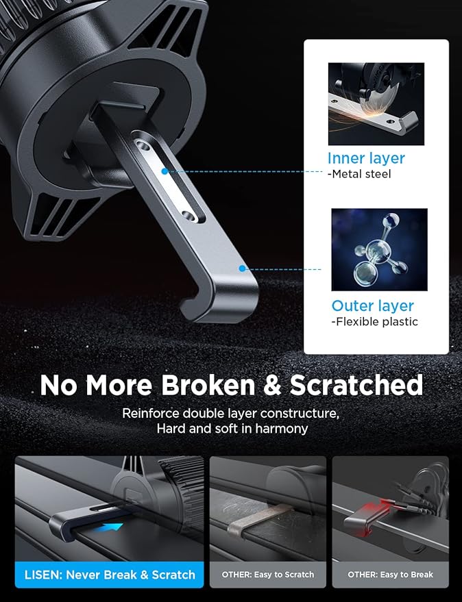LISEN Car Phone Mount, Phone Holders for Your Car [Thick Cases Friendly] Car Vent Phone Holder & Metal Hook Truck Jeep Accessories for iPhone 17 Air Pro Samsung Google and All 4-7'' Phone