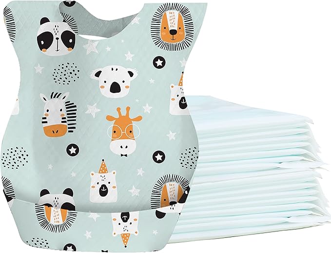 Baby Disposable Bibs Travel Feeding Bib 25pcs - Leakproof Liner, Food Catcher Pocket for 6-18 Months Babies Toddlers