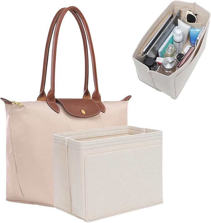 Purse Organizer Insert for Longchamp Le Pliage Large, Zipper Long Champ Bag Organizer Insert with Cup Holder, 9 Compartments,L/Beige