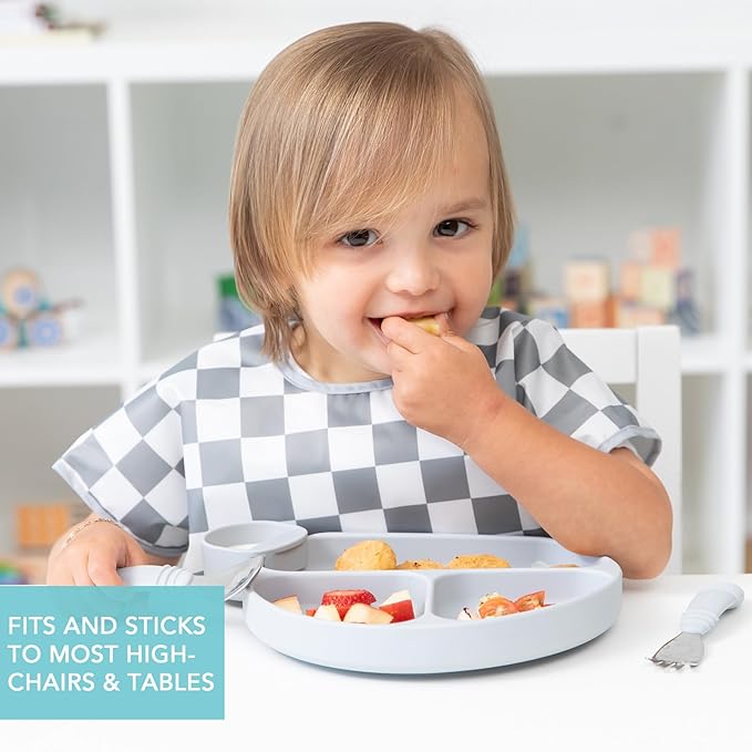 Bumkins Toddler and Baby Suction Plate, Silicone Divided Grip Dish and Lid, Babies and Kids, Baby Led Weaning, Children Feeding Supplies, Non Skid Bottom, Platinum Silicone, Ages 6 Months Up, Gray