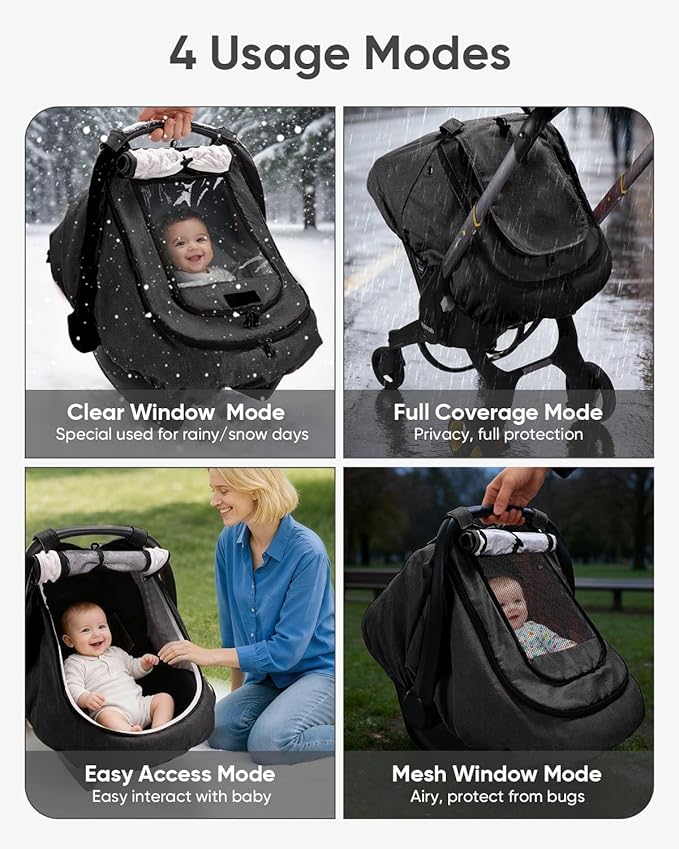 Waterproof Car Seat Cover for Baby, 2-Layer Car Seat Rain Cover with Clear Window & Sunshade & Mesh Cover, Universal Infant Carseat Canopy for Stroller, Protect from Rain and Snow - Black