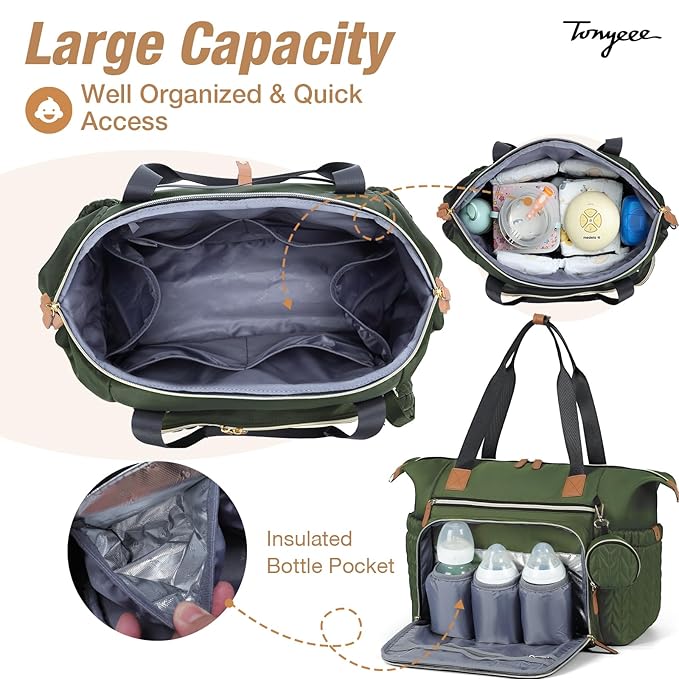 Tonyeee Diaper Bag Tote, Large Baby Diaper Bags Waterproof, Hospital Bag for Labor Delivery with Pacifier Case, Changing Pad, Shoulder Strap, Dark Green
