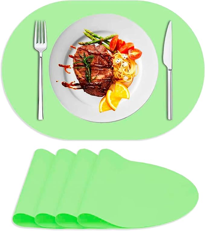 Oval Silicone Placemats Set of 4, Heat Resistant Non-Slip Waterproof Table Mats, Ultra-Thin Translucent Easy Clean Dining Mats for Home & Kids, 17"x12", Green